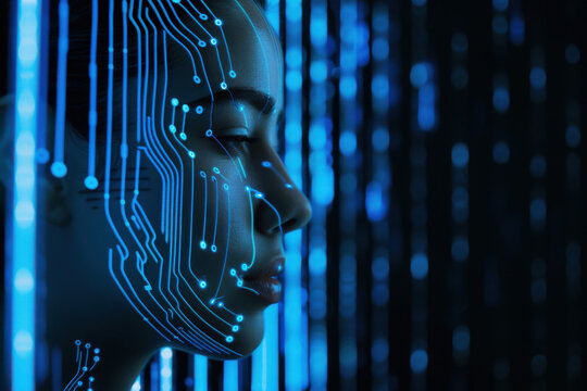 Futuristic AI concept: Side-view portrait of a woman with blue circuit lines on a dark background