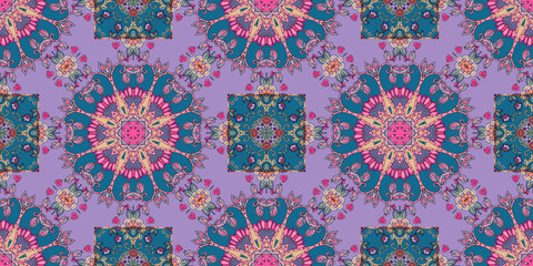 Seamless pattern with mandalas, birds and flowers on lilac background. 