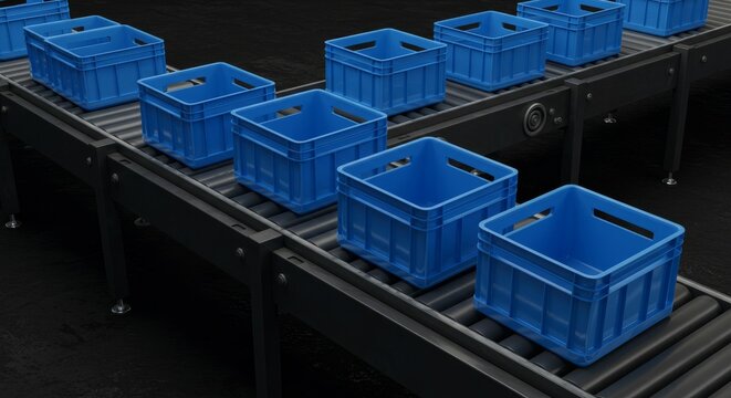 Blue Plastic Crates on a Dark Gray Conveyor Belt in an Industrial Setting