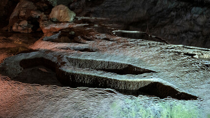 This stunning image showcases intricate cave formations, highlighting the mesmerizing patterns of...