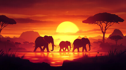 Obraz premium Silhouetted elephants walking along a tranquil river at sunset, with vibrant colors and distant mountains