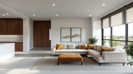 Fototapeta premium modern living room with beige sectional sofa, orange accents, and large windows offering natural light
