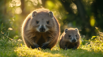 Obraz premium Wild wombat family in a natural forest habitat 