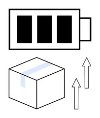 Battery charge level indicator above a box with two upward arrows, suggesting power supply, delivery flow, or logistics. Ideal for efficiency, sustainability, e-commerce, shipping, logistics energy