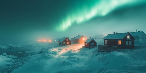 Northern lights illuminating snowy landscape and cozy wooden houses in a winter night