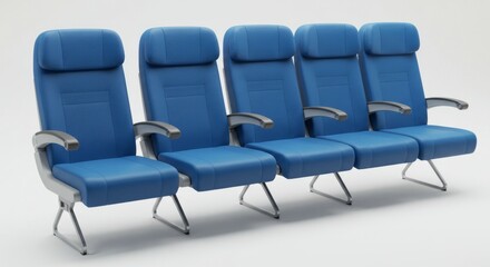 Fototapeta premium Five Blue Airplane Seats in a Row on White Background