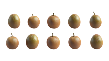Ten fresh Asian pears are presented in two rows showcasing their natural light brown skin ideal for fruit catalog layouts isolated on transparent