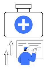 Doctor in blue scrubs pointing at a board with data while health progress is symbolized by upward arrows and a medical kit. Ideal for healthcare, analysis, progress, strategy, research, innovation