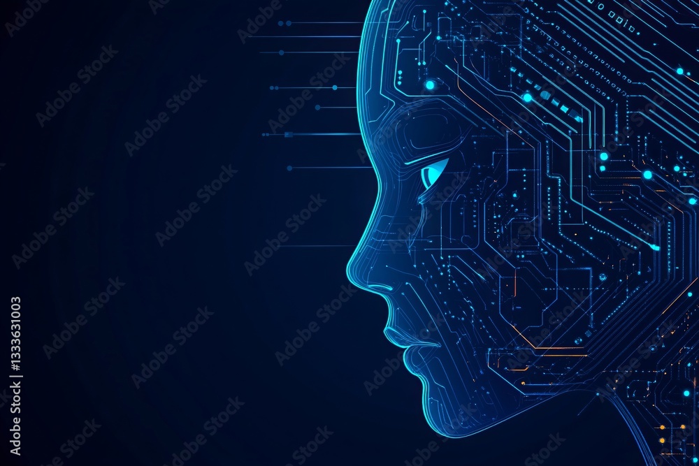 Poster artificial intelligence face profile with circuit patterns. blue digital human head. ai technology, 
