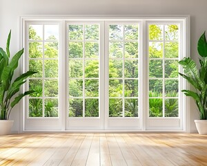 Fototapeta premium Bright Sunlight Green Garden View Large Window Room Interior wood home calm cozy airy
