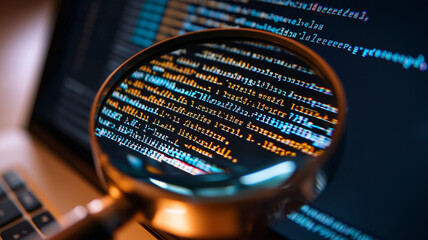 Enhanced Code Inspection: Magnifying Glass Highlights Color-Coded Programming on Digital Display
