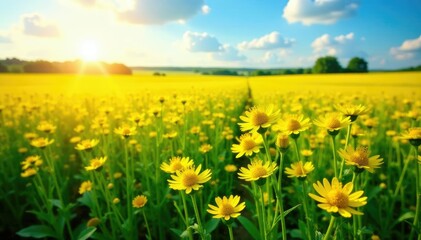 Fototapeta premium Field of rapeseed with oil beet blossoms scattered throughout the landscape, sunshine, summer, rapeseed