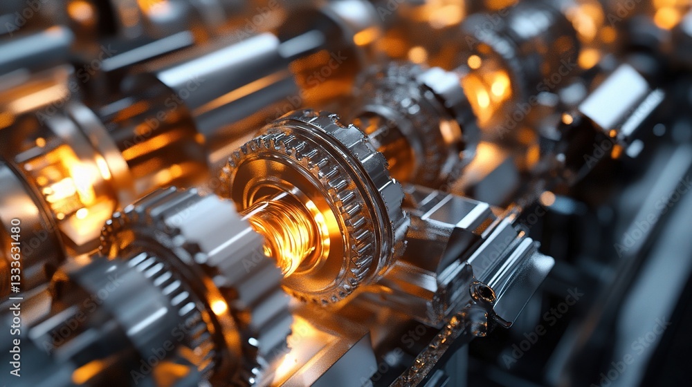 Poster shiny metallic components in dynamic assembly line with blurred background