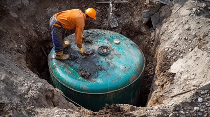 A worker performs maintenance on a septic tank, ensuring proper cleaning and waste management for an efficient waste disposal service.