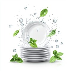 Stacked white plates, clean water splash, fresh herbs, studio setting