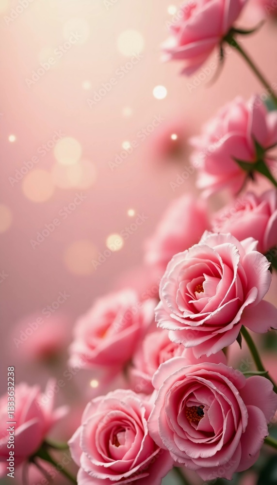 Poster soft pink roses gracefully bloom against a shimmering bokeh backdrop, providing a perfect canvas for