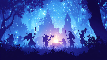 Enchanted forest scene with silhouettes of adventurers around a glowing campfire near ancient ruins