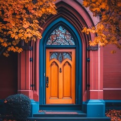 Obraz premium Autumnal Entrance Ornate Doorway in Fall Foliage