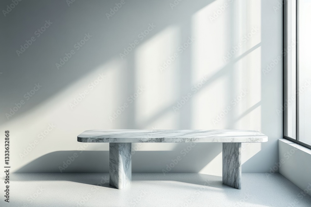 Poster light-filled room with a simple marble bench. sunlight streams in through a large window, highlighti