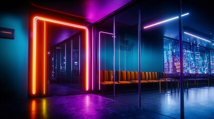 Futuristic Office Neon Lights Cyberpunk Cityscape Interior Design