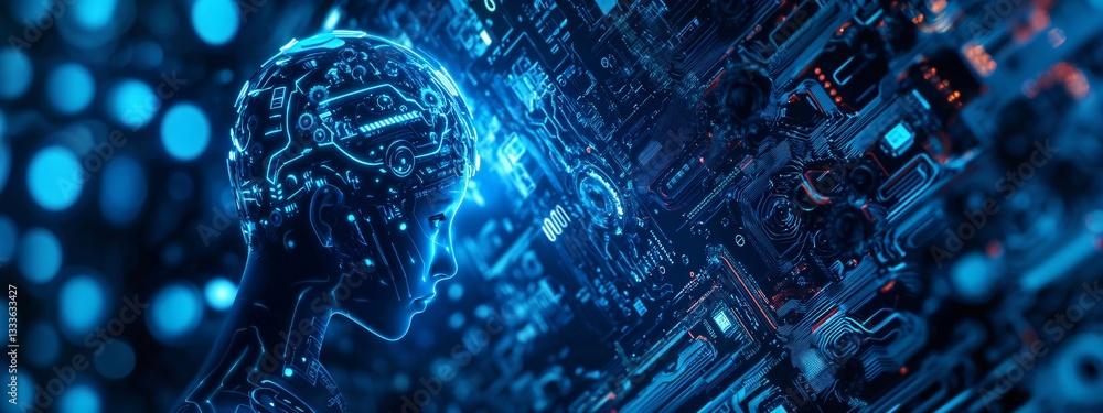 Poster artificial intelligence concept. digital human head with circuit board brain on blue background. ai 