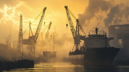 Fototapeta premium Industrial Shipyard Operations with Cranes and Cargo Loading