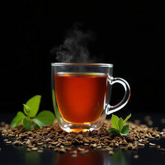 Glass Cup of Amber Tea with Green Leaves and Dark Background
