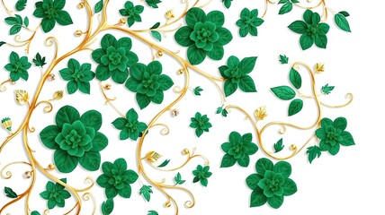 Emerald Green Flowers Gold Vines Luxury Floral Design Nature Spring Botanical Elegant White