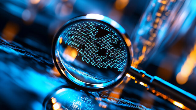 A Detailed IT Security Risk Assessment Concept Depicted with a Magnifying Glass Focused on Digital Binary Code in an Abstract Technological Atmosphere, Symbolizing Scrutiny and Protection  
