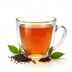 Glass Cup of Amber Tea with Green Leaves and Dark Background