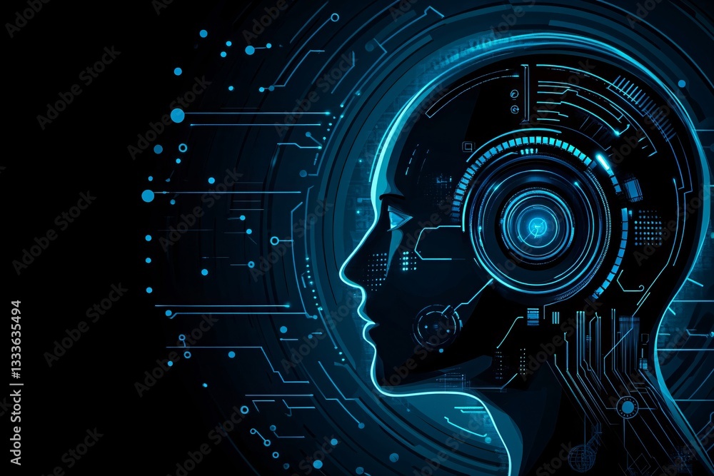 Poster artificial intelligence concept with human head profile. digital brain technology, machine learning,