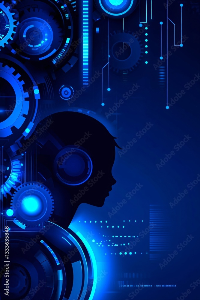 Aufkleber artificial intelligence concept with human head silhouette and glowing blue tech elements. futuristi