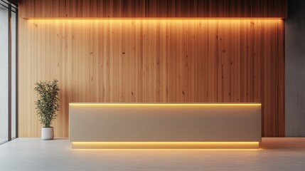 Contemporary hotel lobby with sleek wood paneling, soft lighting, and a minimalist reception desk