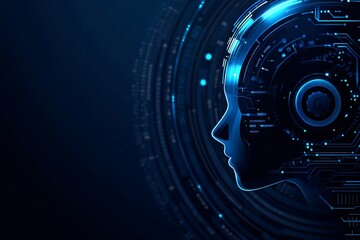 Fototapeta premium Artificial intelligence concept with human profile and digital elements. AI technology, machine learning, and data analysis visualization on dark blue background with copy space