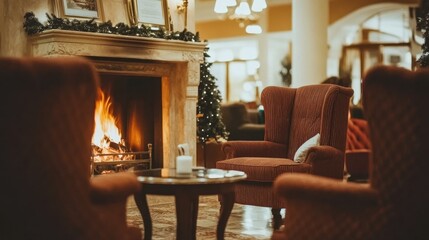 Cozy and intimate hotel lobby with a warm fireplace, inviting sofas, and elegant decor