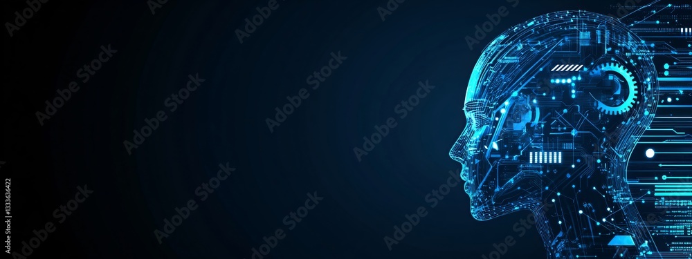 Aufkleber artificial intelligence concept with digital human head profile. blue glowing circuit brain on dark 