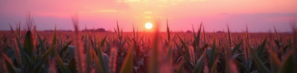 Naklejka premium Soft pink hues dance across the corn field as morning breaks slowly, nature, fields, dawn