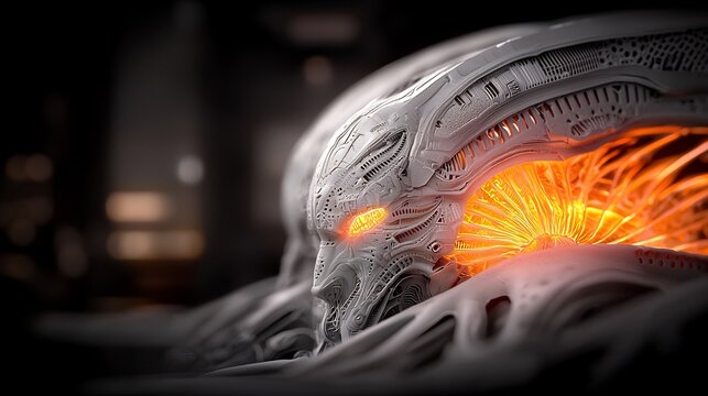 Close-up view of two detailed, intricate, futuristic, robotic heads with glowing orange energy emanating from their complex, organic-mechanical structures, set against a dark, blurred background..