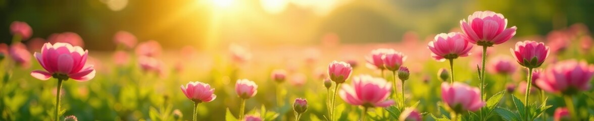 Soft pink ranunculus field with lush greenery and a warm sunny sky, springtime, flowers, nature photography