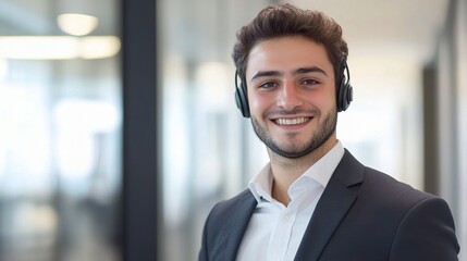Smiling Call Center Employee Using High-Tech Headset in Office