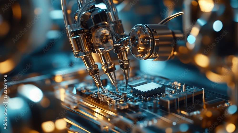 Poster metallic robot arm assembling electronics in factory environment