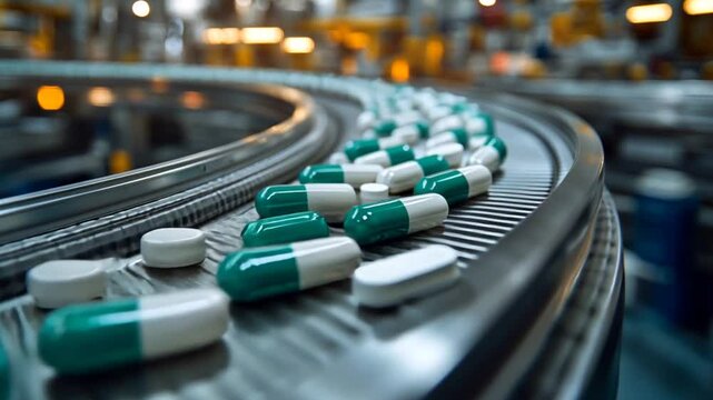 Pharmaceutical pills on automated production conveyor