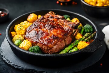 Fototapeta premium Grilled Tomahawk Steak with Roasted Vegetables in Cast Iron Skillet