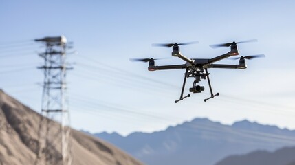 Inspection Electrical Systems Concept, Drone Technology Exploring High Voltage Transmission Towers in Mountainous Terrain for Inspection and Monitoring