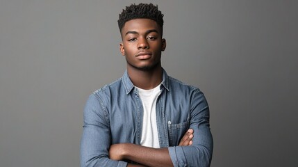 Obraz premium Confident Young Male Posing Against a Grey Background