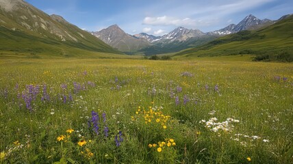 Obraz premium Vibrant Wildflower Meadow and Majestic Mountain Range Under a Sunny Sky