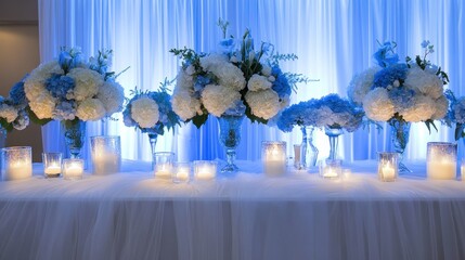 Elegant Blue and White Wedding Centerpiece with Candles