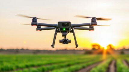 Inspection Environmental Impact Concept, Drone Inspecting Agricultural Land at Sunrise for Environmental Monitoring and Crop Management Solutions