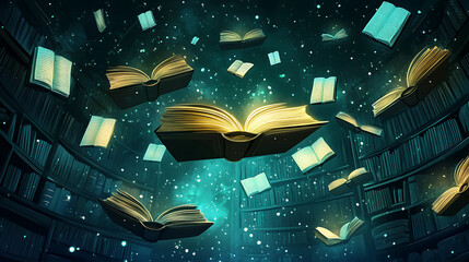 Enchanted library with floating books and a starry background, creating a magical atmosphere