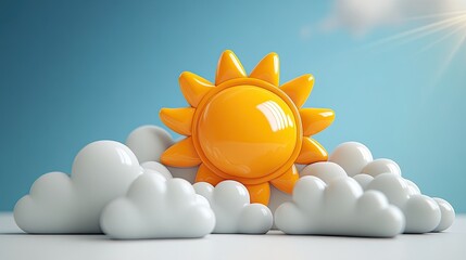 3D icon of the sun and cloud, representing weather, isolated on a white background. 